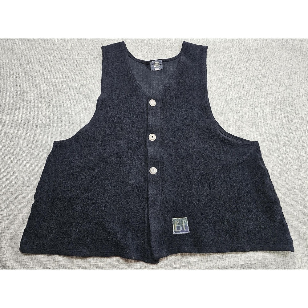 Blue Fish Clothing Sweater Vest Womens Size 1 Black Fleece Button Logo Relaxed